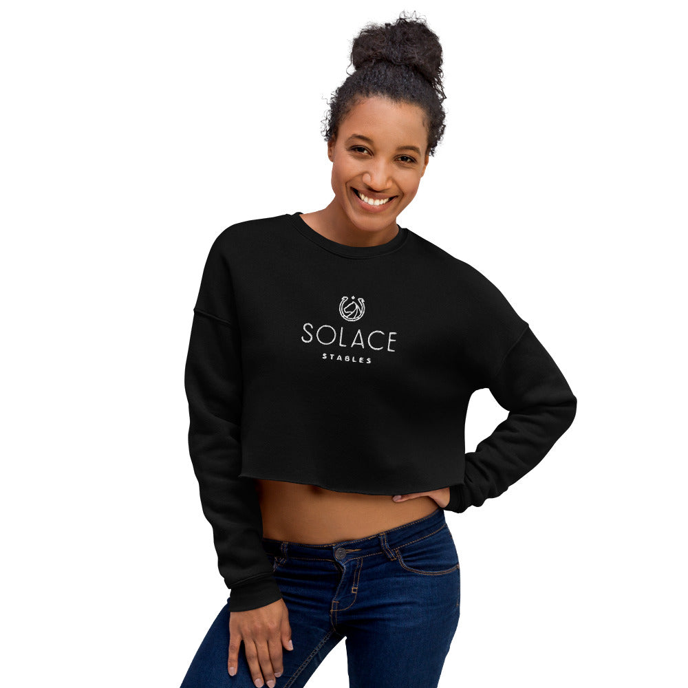 Women's Cropped Sweatshirt "SOLACE STABLES" Embroidered in Classic White on Basic Black or French Navy
