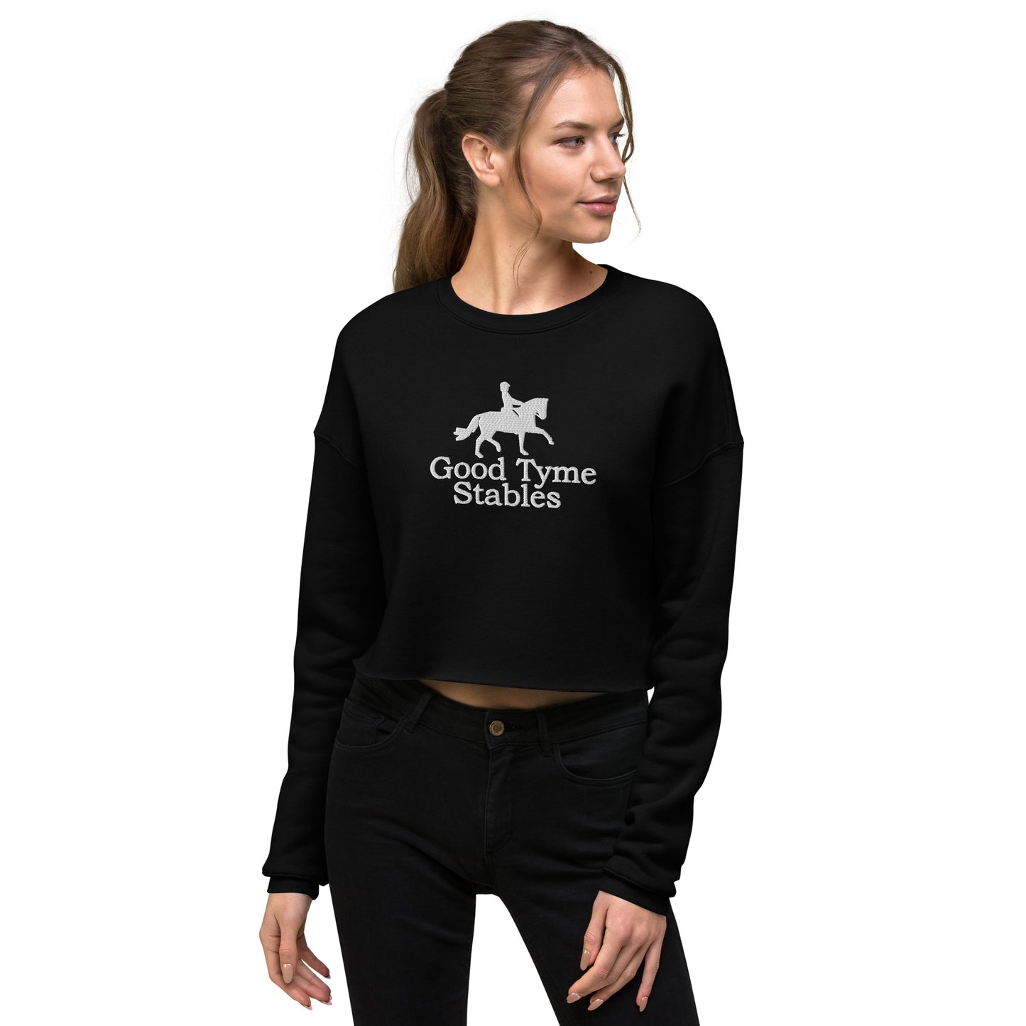Women's Cropped Sweatshirt "GOOD TYME STABLES" Embroidered in Classic White on Basic Black or French Navy