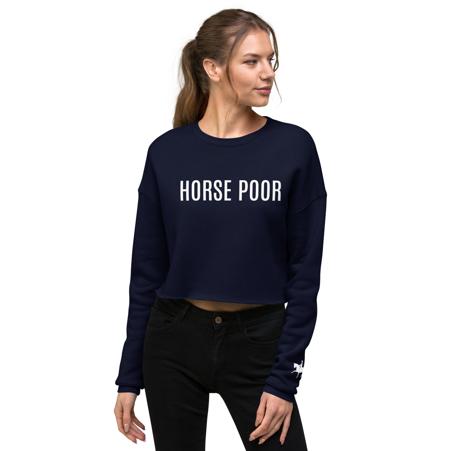 Women's Cropped Sweatshirt "HORSE POOR" in Classic White on Basic Black or French Navy