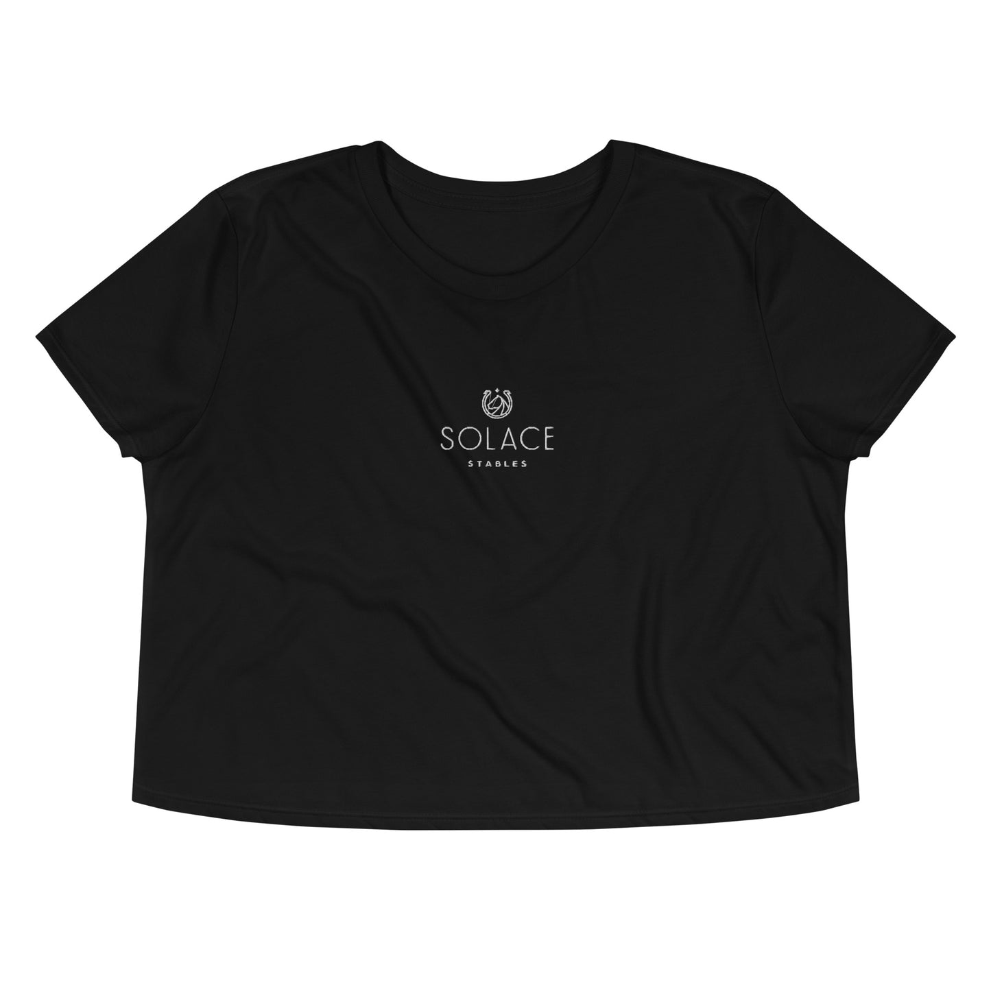 Women's Cropped T-Shirt "SOLACE STABLES" Embroidered in Classic White on Basic Black or Storm Grey