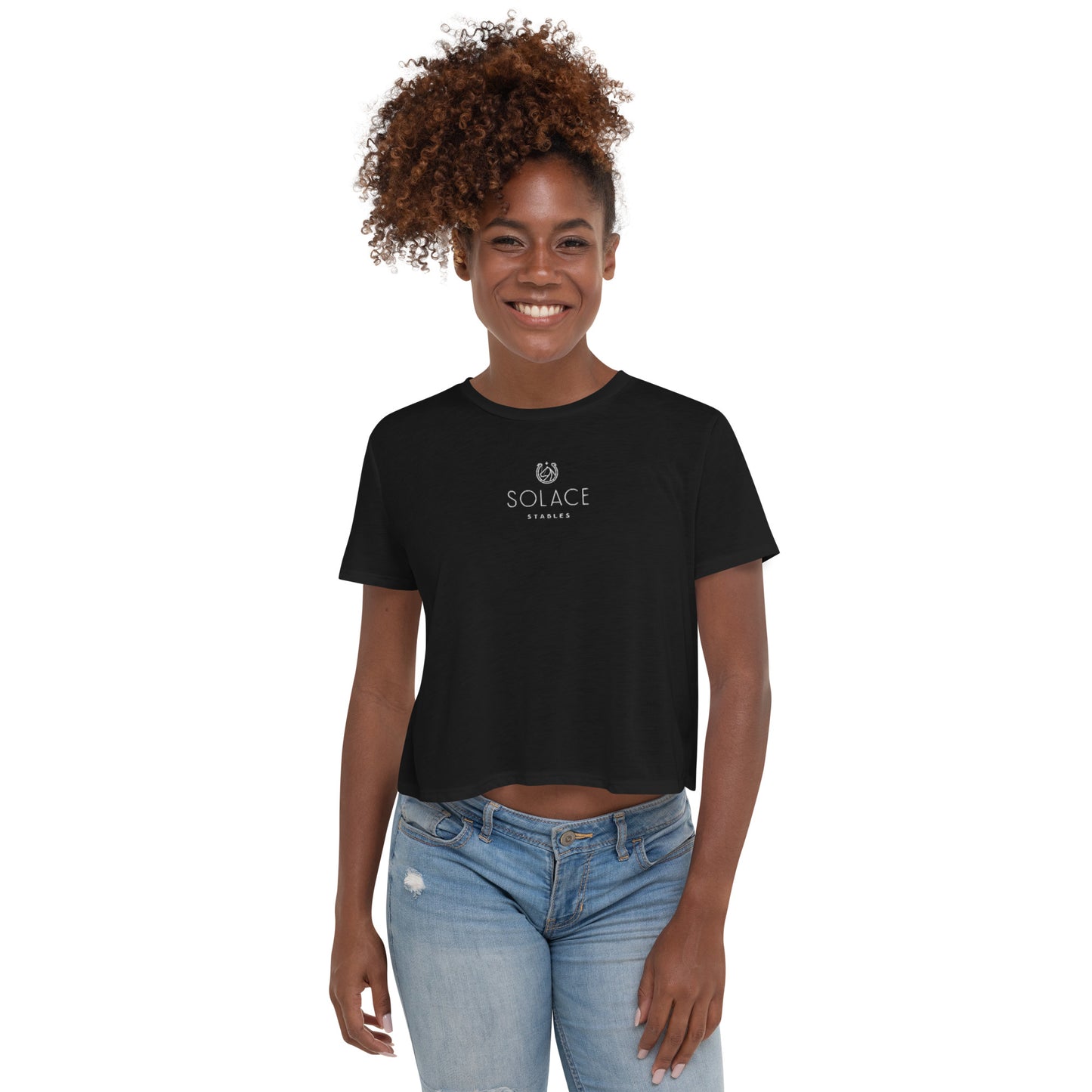 Women's Cropped T-Shirt "SOLACE STABLES" Embroidered in Classic White on Basic Black or Storm Grey