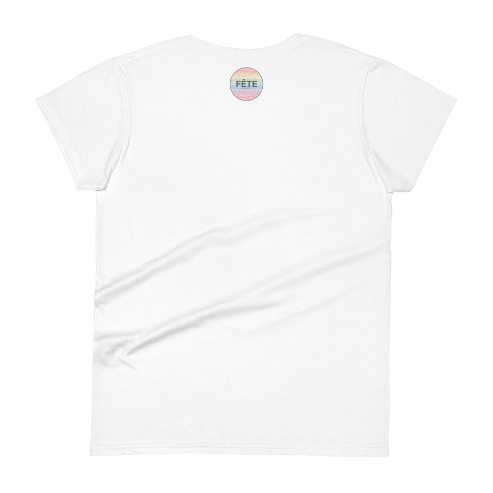 Women's T-Shirt "VODKA. WATER FOR FUN PEOPLE" in Blue Bubblegum & Storm Grey on Classic White