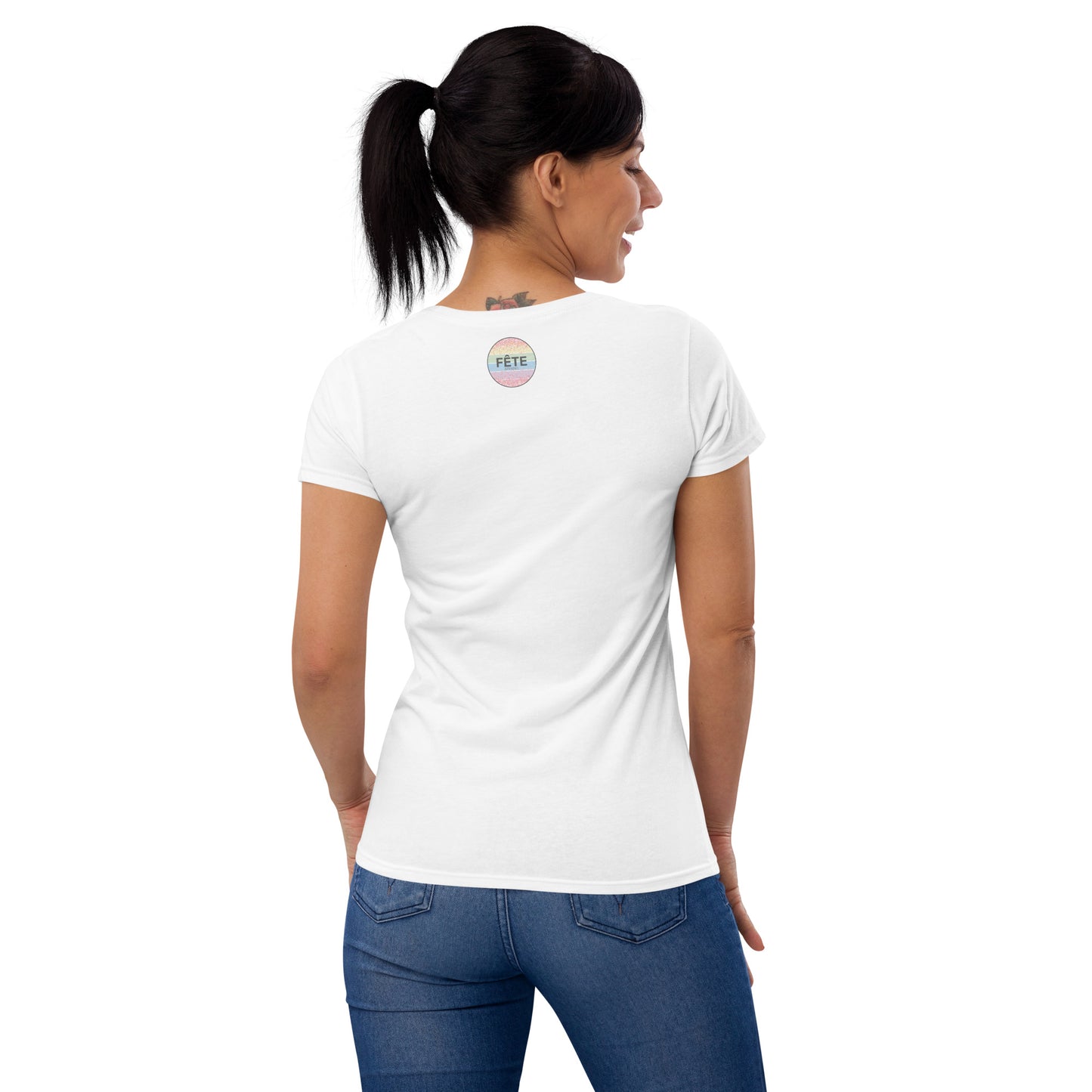 Women's T-Shirt "STOP & SMELL THE ROSÉS" in Cotton Candy & Storm Grey on Classic White