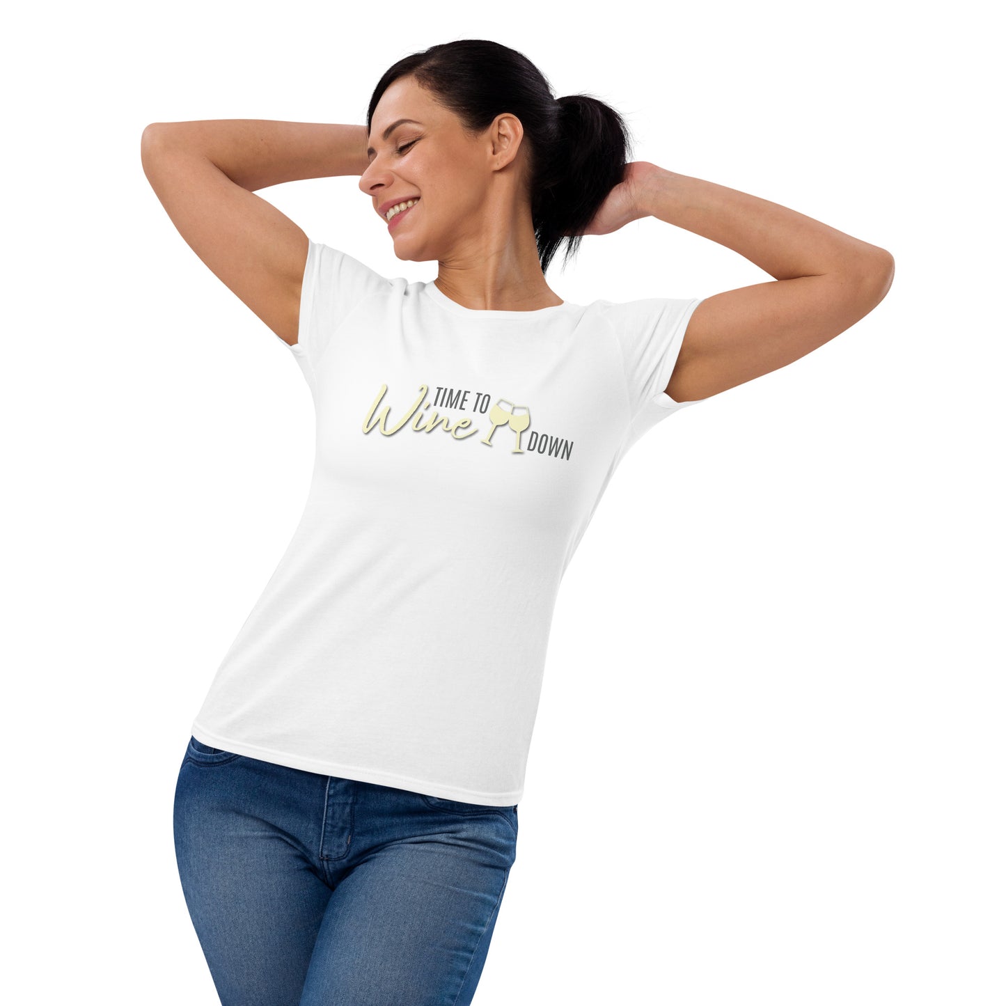 Women's T-Shirt "TIME TO WINE DOWN" in Frozen Lemonade & Storm Grey on Classic White