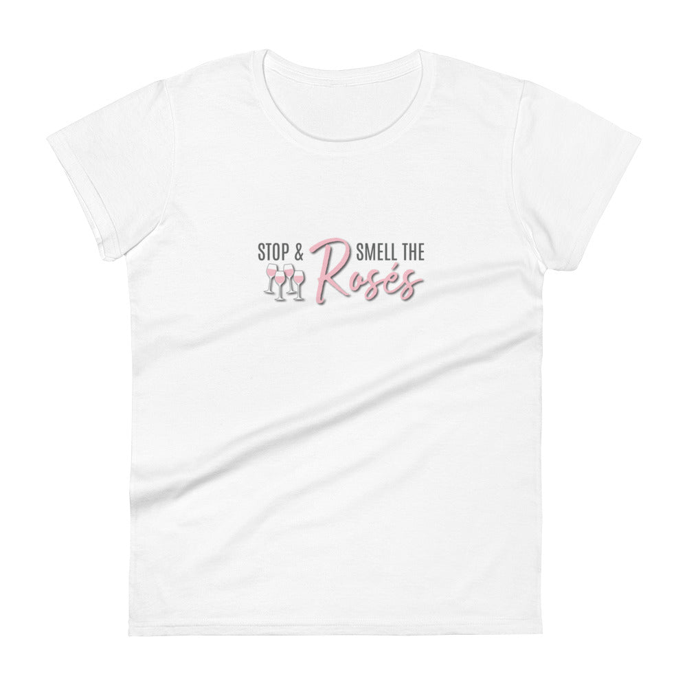 Women's T-Shirt "STOP & SMELL THE ROSÉS" in Cotton Candy & Storm Grey on Classic White