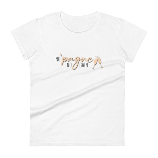 Women's T-Shirt "NO 'PAGNE NO GAIN" in Peach Creamsicle & Storm Grey on Classic White