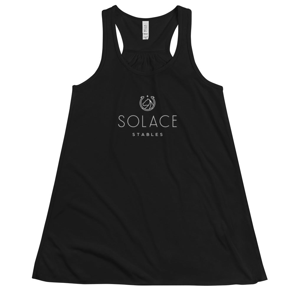 Women's Flowy Racerback Tank "SOLACE STABLES" in Classic White on Basic Black