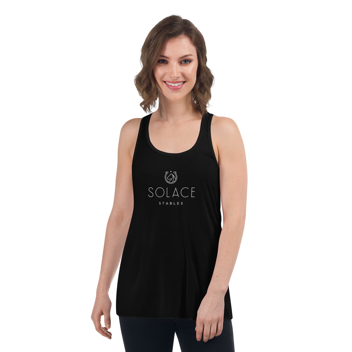 Women's Flowy Racerback Tank "SOLACE STABLES" in Classic White on Basic Black