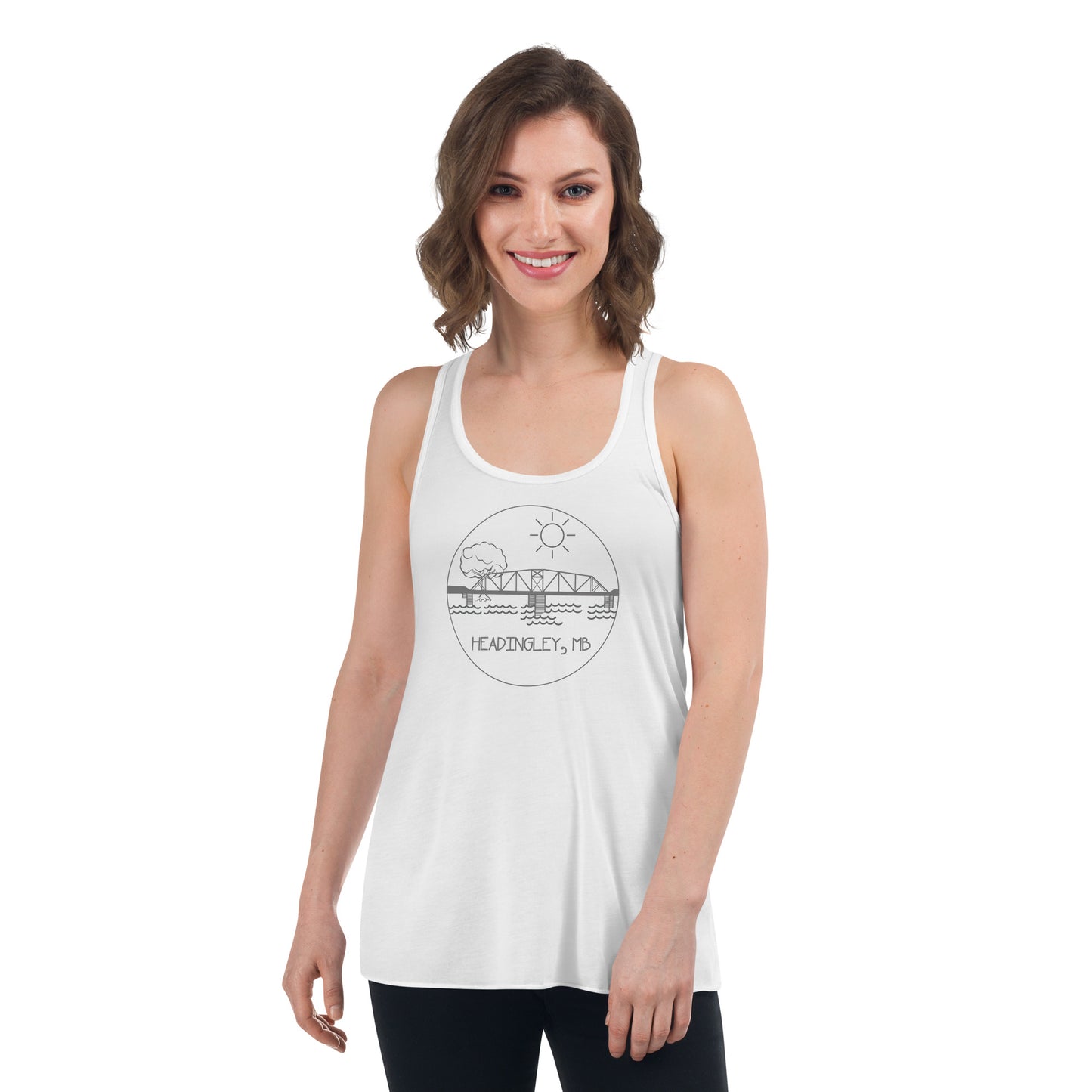 Women's Flowy Racerback Tank "HEADINGLEY, MB" in Storm Grey on Classic White