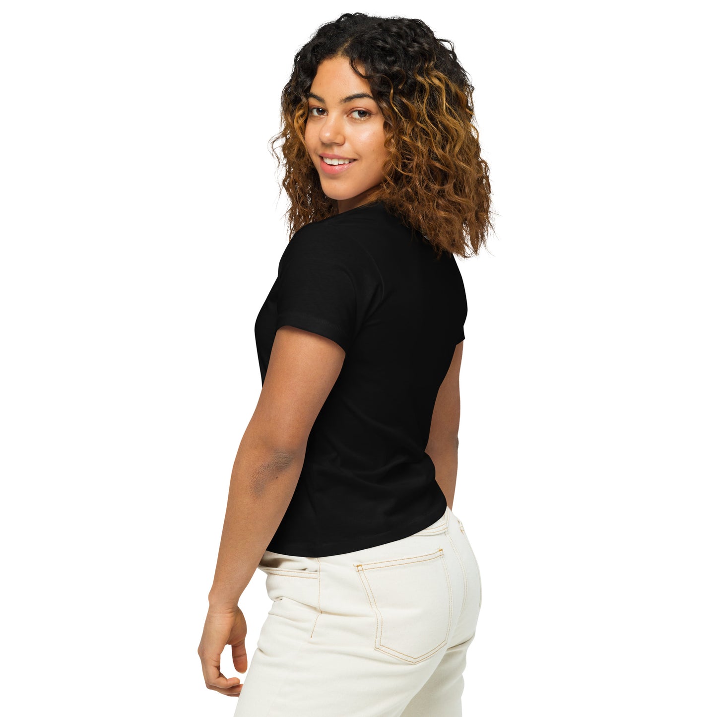 Women's High-Waisted T-Shirt "SOLACE STABLES" Embroidered in Classic White on Basic Black