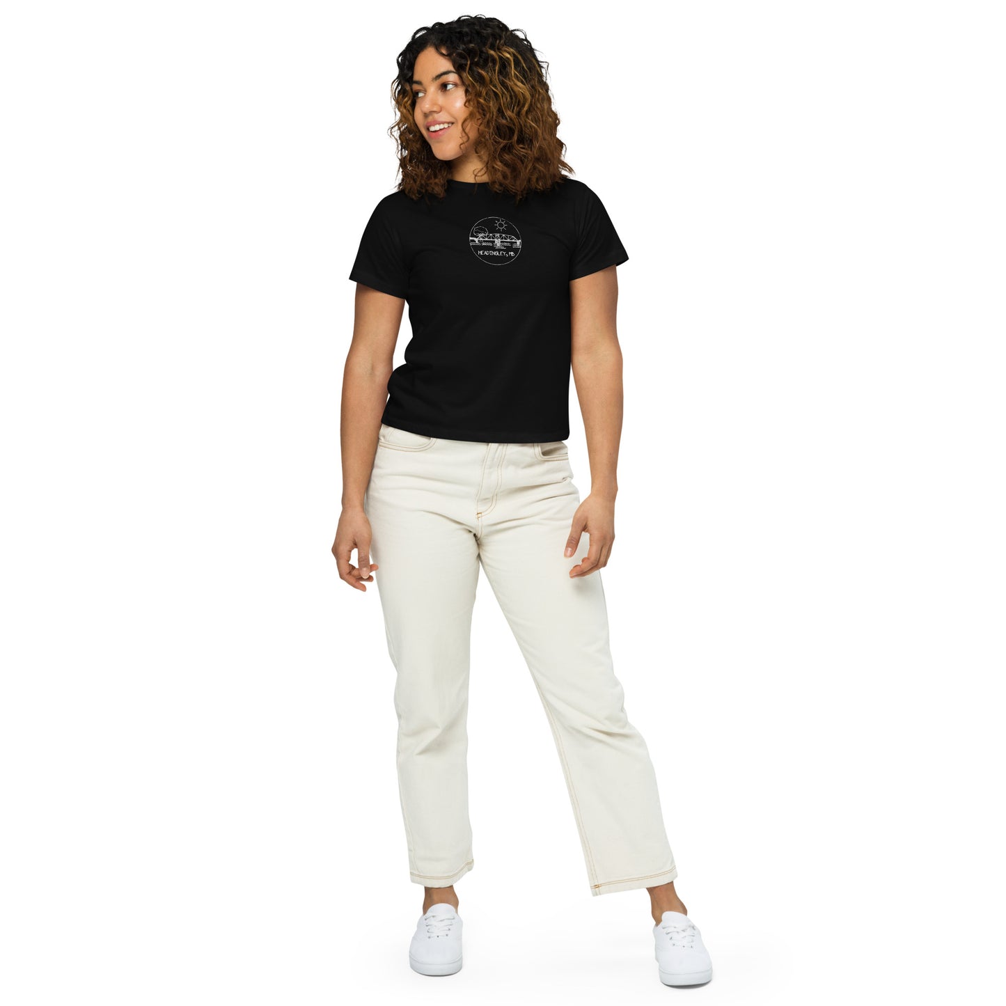 Women's High-Waisted T-Shirt "HEADINGLEY, MB" Embroidered in Classic White on Basic Black