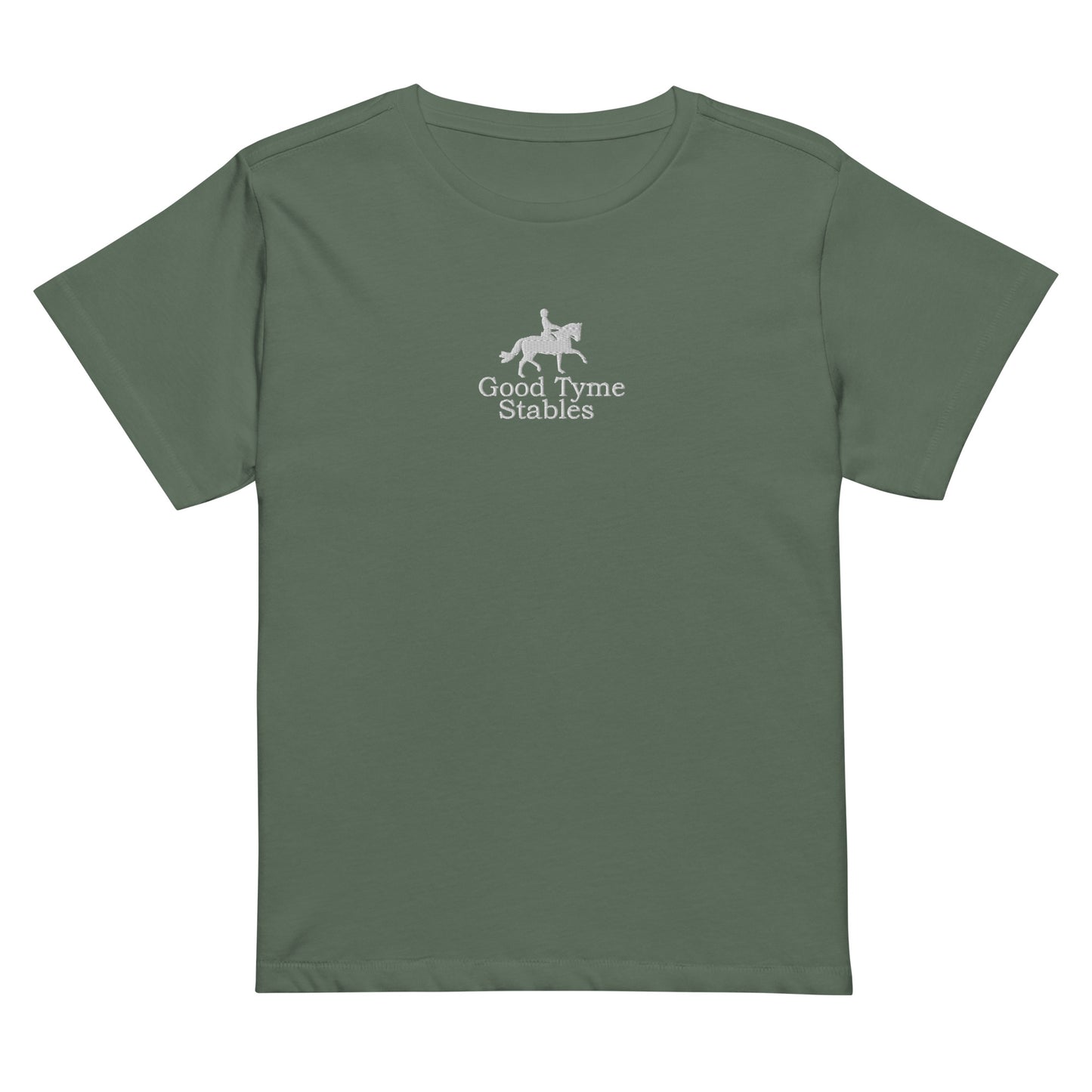 Women's High-Waisted T-Shirt "GOOD TYME STABLES" Embroidered in Classic White on Basic Black or Pine Green