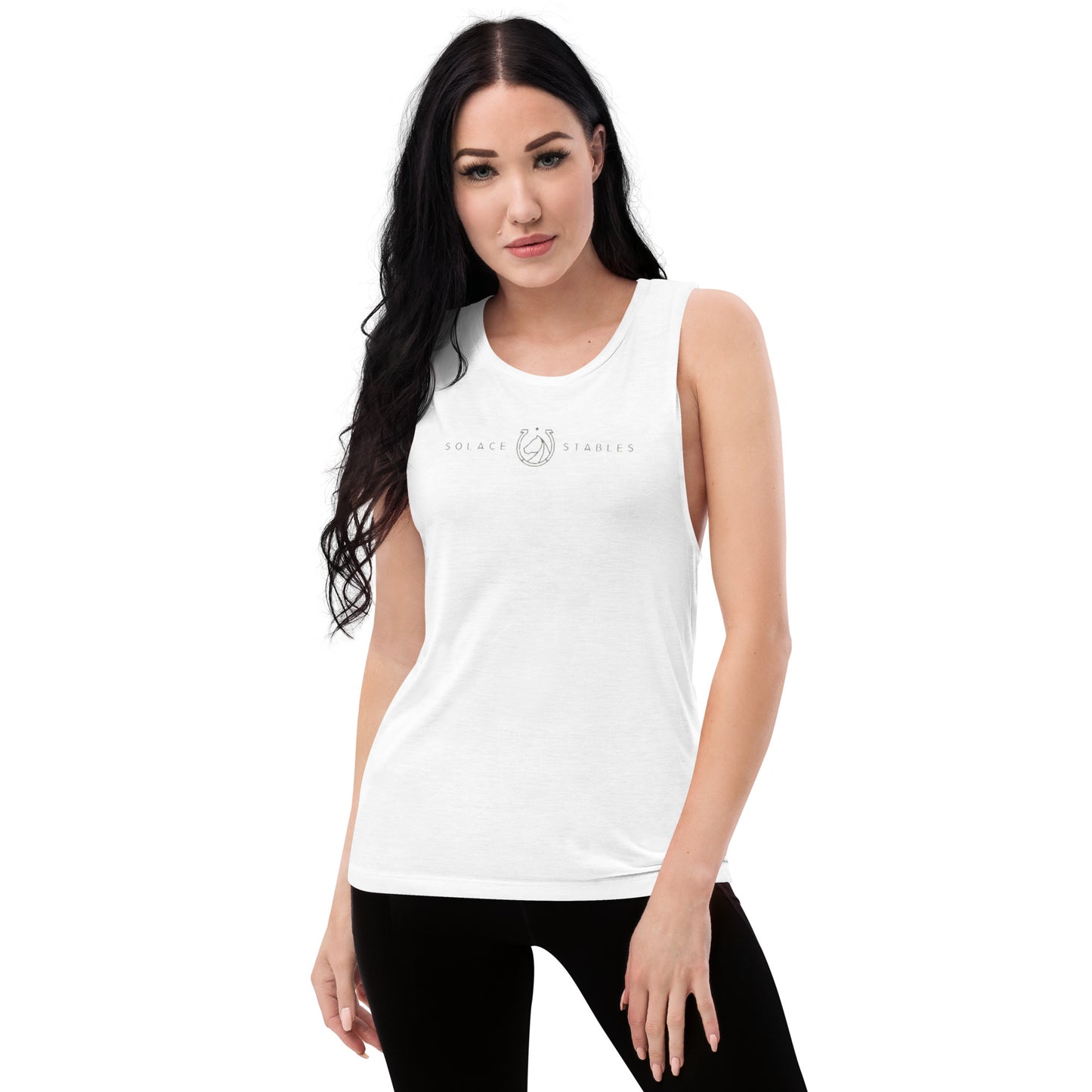 Women's Muscle Tank "SOLACE STABLES" in Basic Black on Classic White