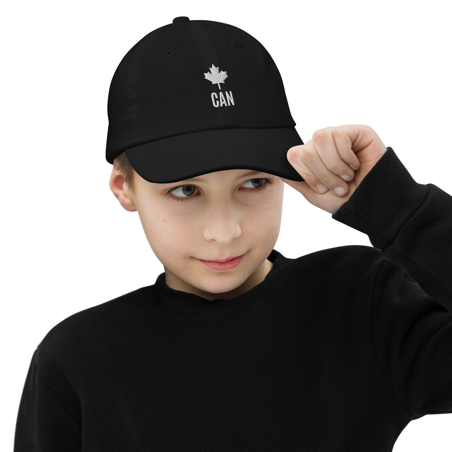 Children's & Youth Cap "CAN" Maple Leaf Embroidered in Classic White on Basic Black, French Navy or Canadian Red