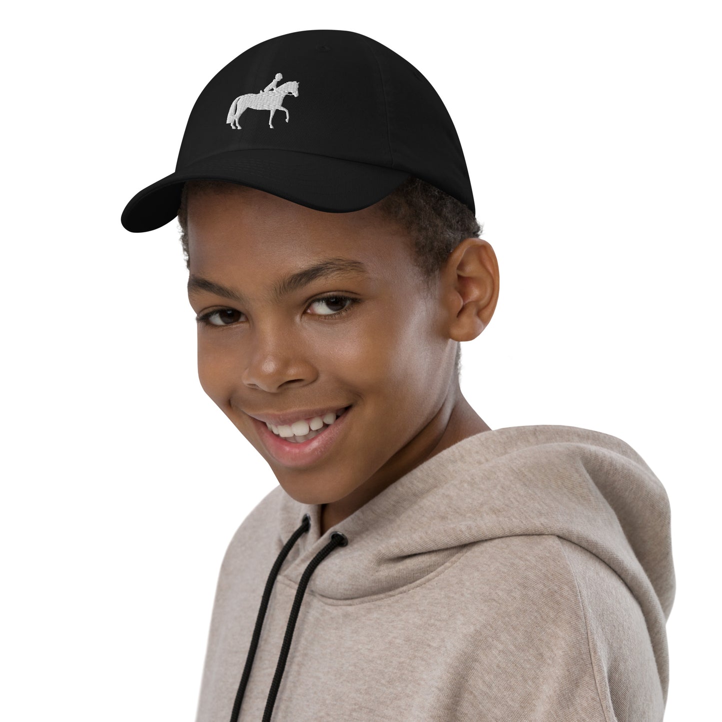Children's & Youth Cap Equestrian Embroidered in Classic White on Basic Black, French Navy, Canadian Red or Light Grey