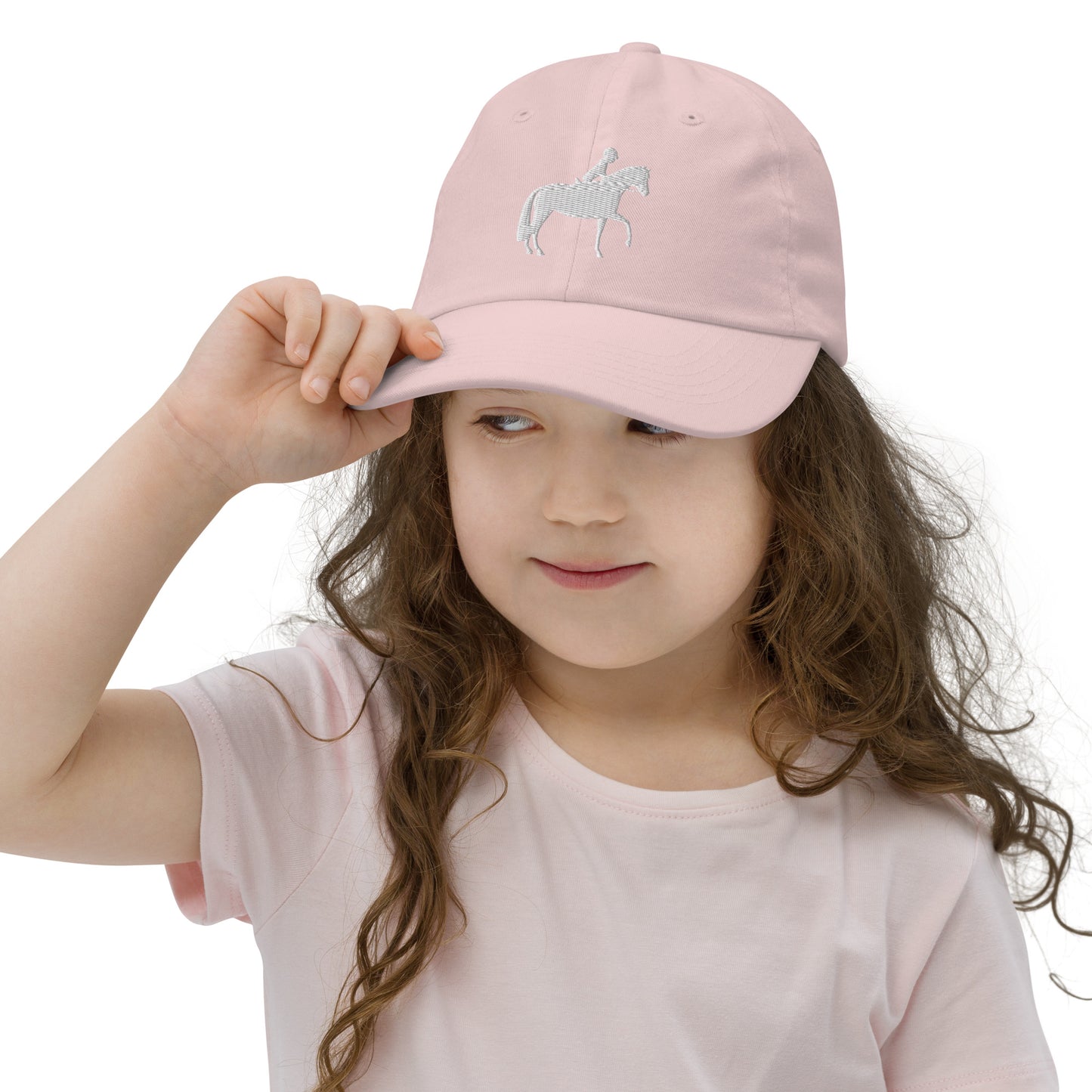 Children's & Youth Cap Embroidered Equestrian in Classic White on Light Pink or Light Blue