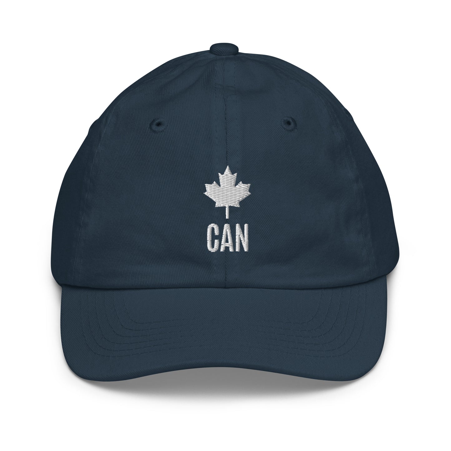 Children's & Youth Cap "CAN" Maple Leaf Embroidered in Classic White on Basic Black, French Navy or Canadian Red