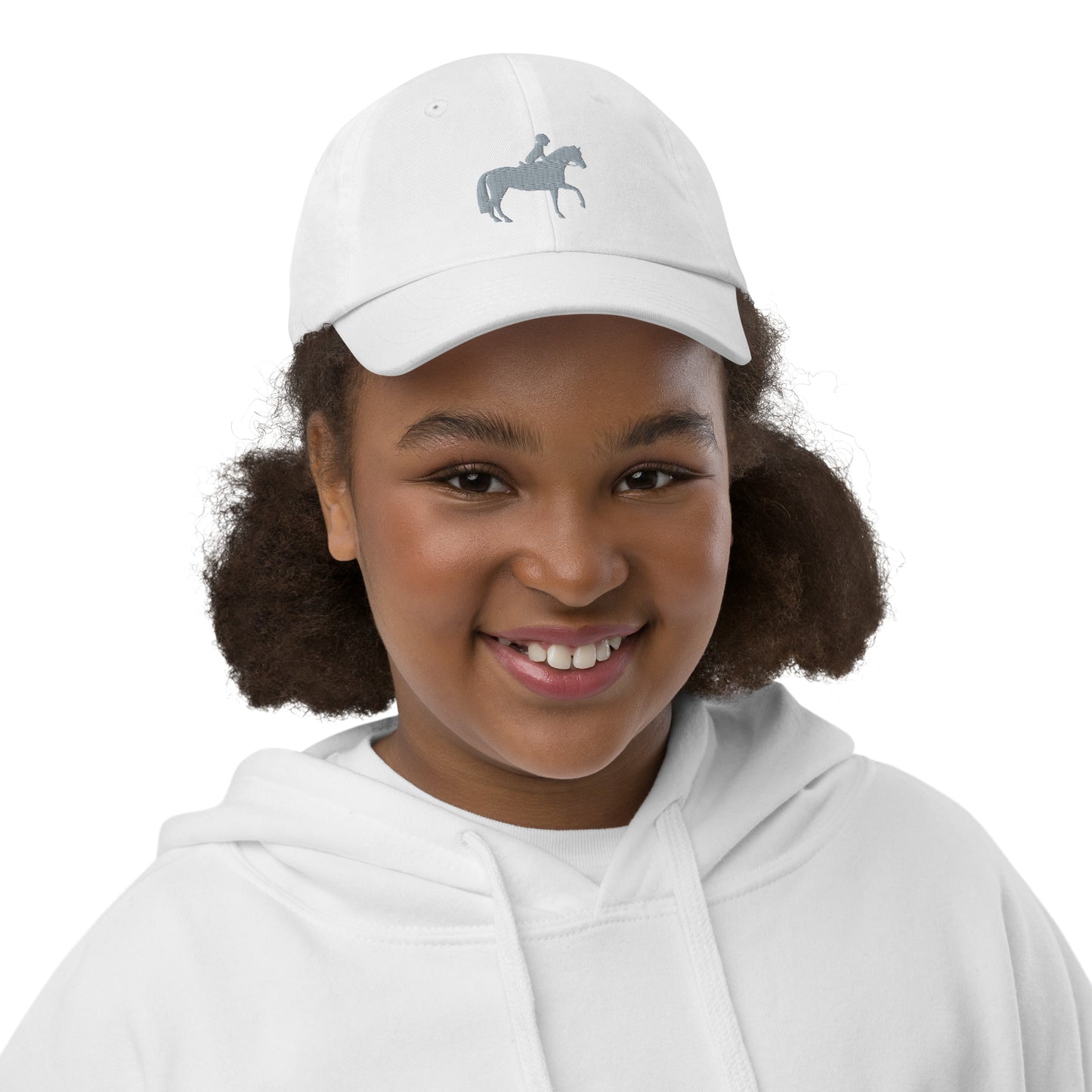 Children's & Youth Cap Embroidered Equestrian in Light Grey on Classic White