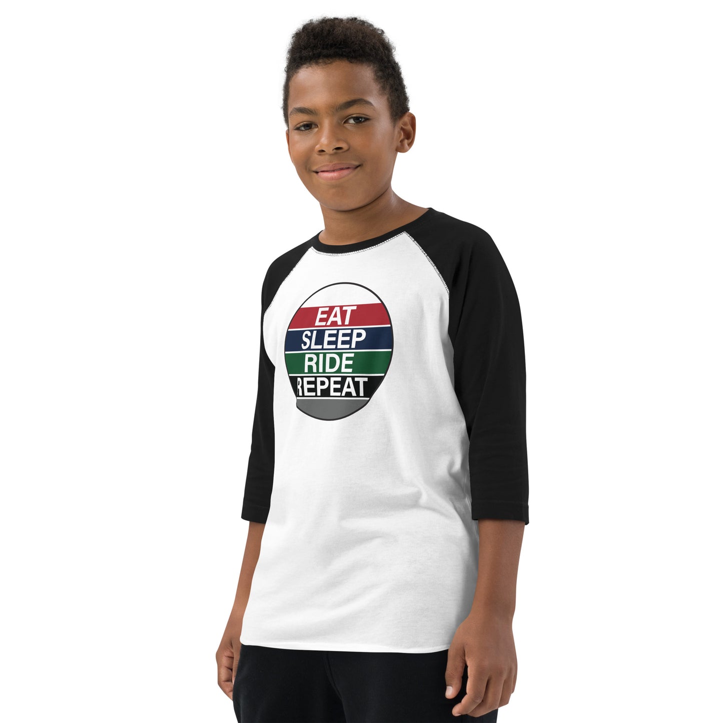 Youth Baseball Shirt 'EAT SLEEP RIDE REPEAT" in Francis XI Classic Colours