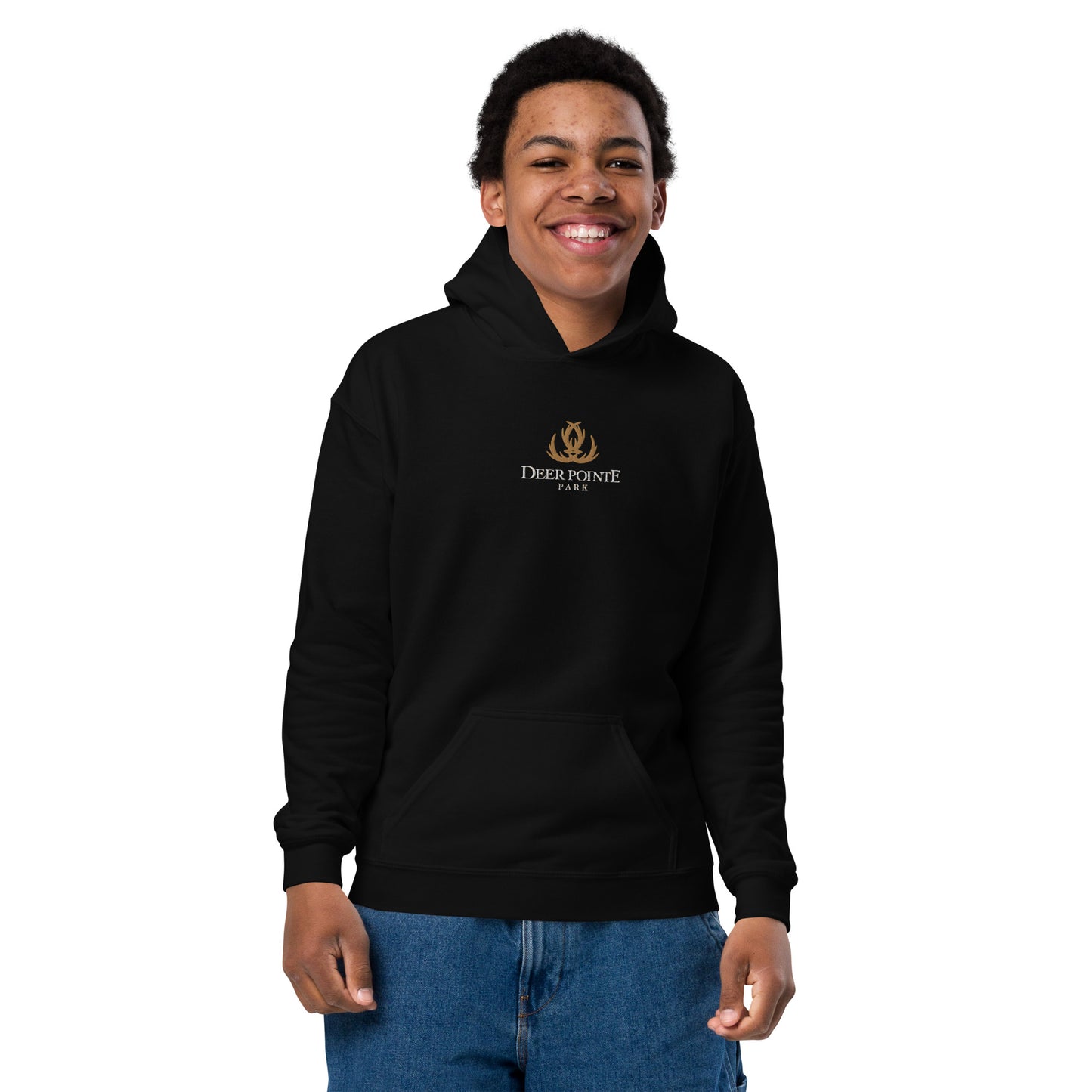 Youth Traditional Hoodie "DEER POINTE PARK" Embroidered in Classic White & Old Gold on Basic Black