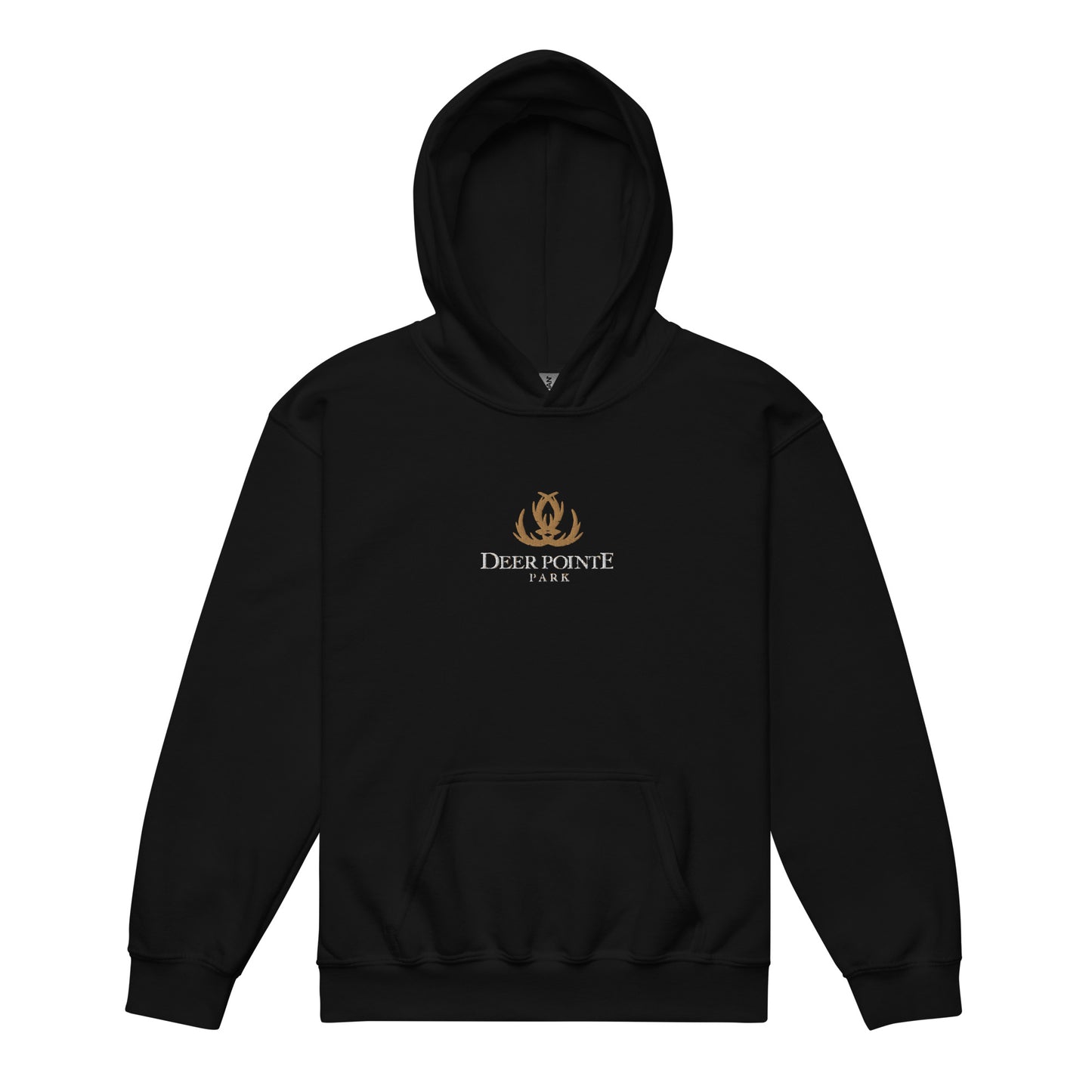 Youth Traditional Hoodie "DEER POINTE PARK" Embroidered in Classic White & Old Gold on Basic Black