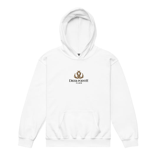 Youth Traditional Hoodie "DEER POINTE PARK" Embroidered in Basic Black & Old Gold on Classic White