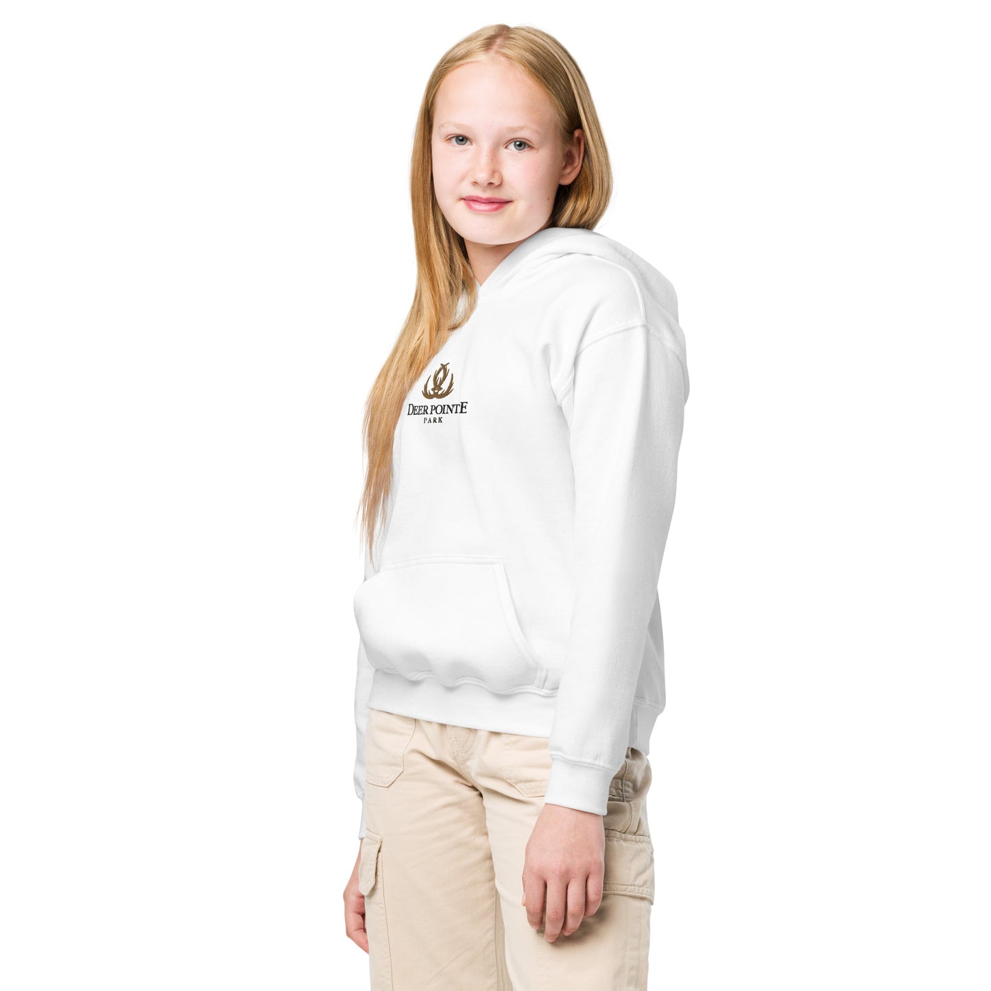 Youth Traditional Hoodie "DEER POINTE PARK" Embroidered in Basic Black & Old Gold on Classic White