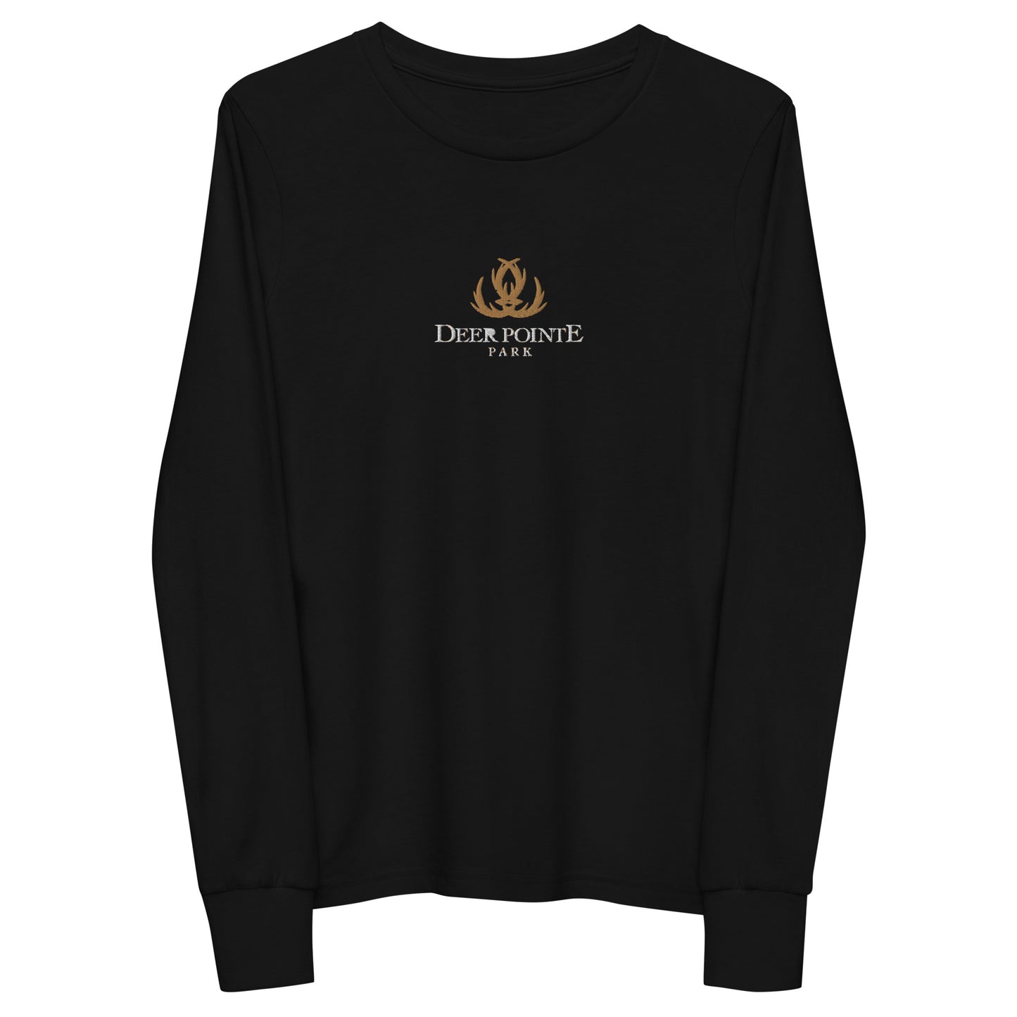 Youth Long-Sleeved Shirt 'DEER POINTE PARK" Embroidered in Classic White & Old Gold on Basic Black