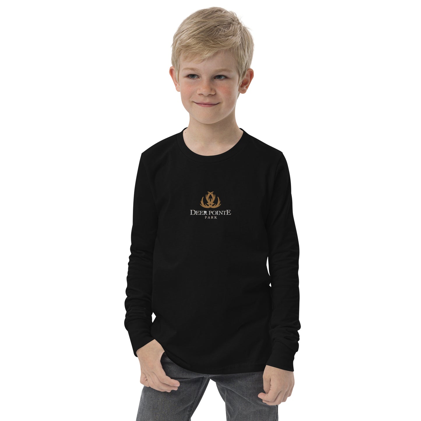 Youth Long-Sleeved Shirt 'DEER POINTE PARK" Embroidered in Classic White & Old Gold on Basic Black