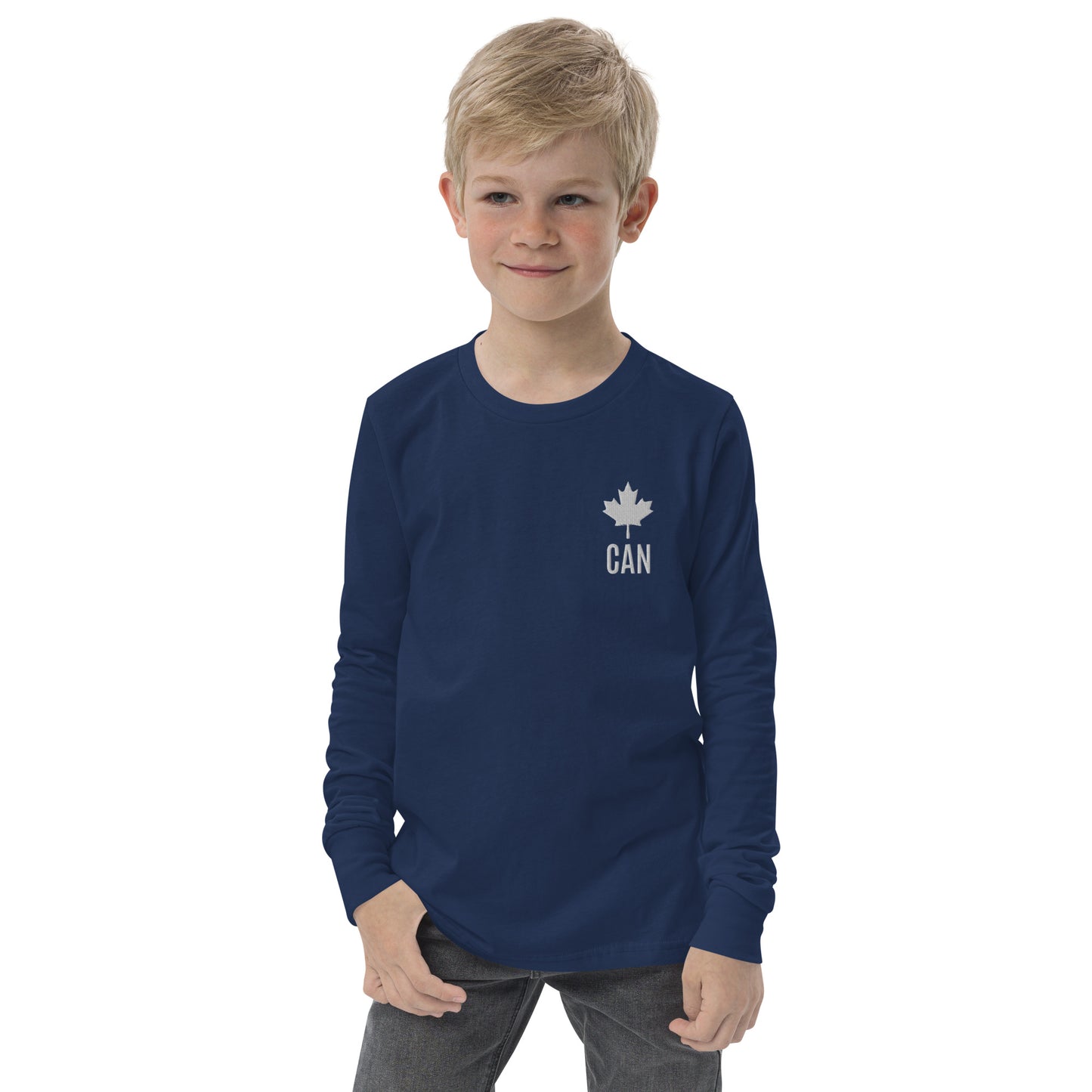 Youth Long-Sleeved Shirt "CAN" Maple Leaf Embroidered in Classic White on Basic Black, French Navy, or Canadian Red
