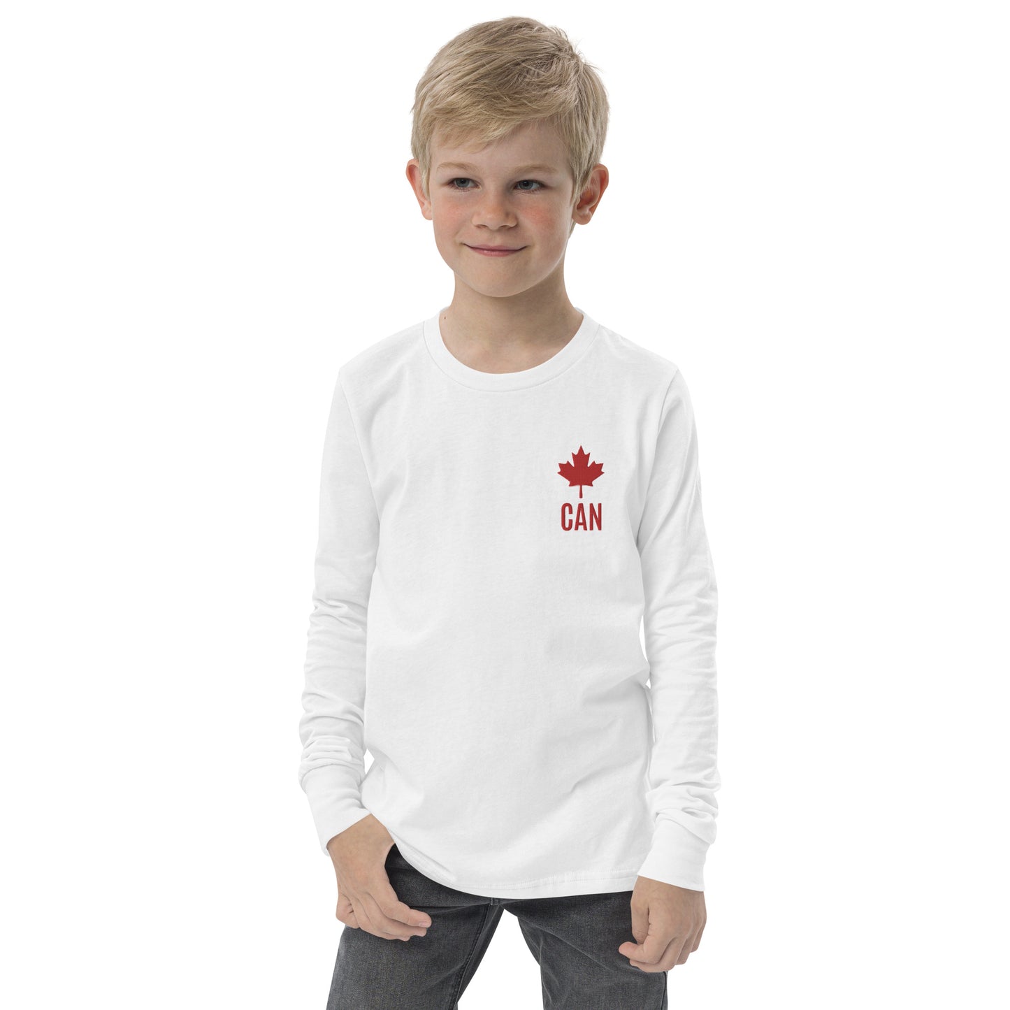 Youth Long-Sleeved Shirt "CAN" Maple Leaf Embroidered in Canadian Red on Classic White