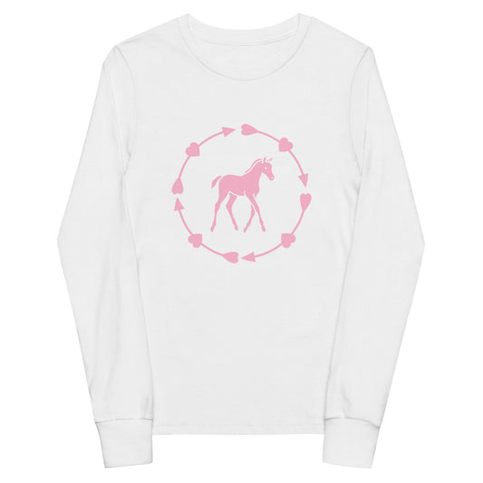 Youth Long-Sleeved Shirt Horse Lover in Classic White & Cotton Candy