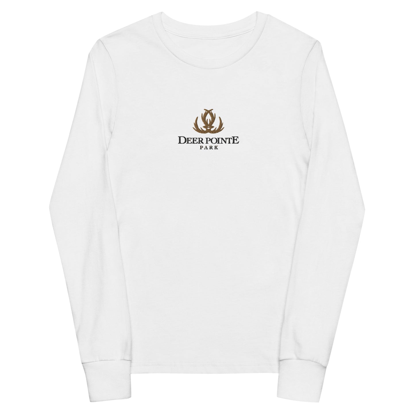 Youth Long-Sleeved Shirt 'DEER POINTE PARK" Embroidered in Basic Black & Old Gold on Classic White