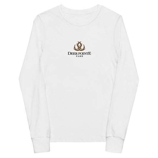 Youth Long-Sleeved Shirt 'DEER POINTE PARK" Embroidered in Basic Black & Old Gold on Classic White