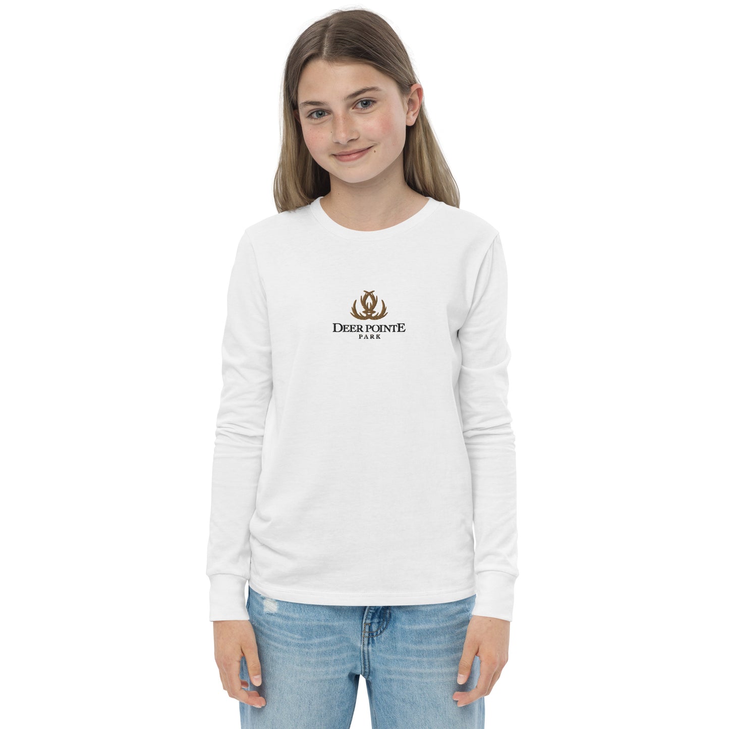 Youth Long-Sleeved Shirt 'DEER POINTE PARK" Embroidered in Basic Black & Old Gold on Classic White