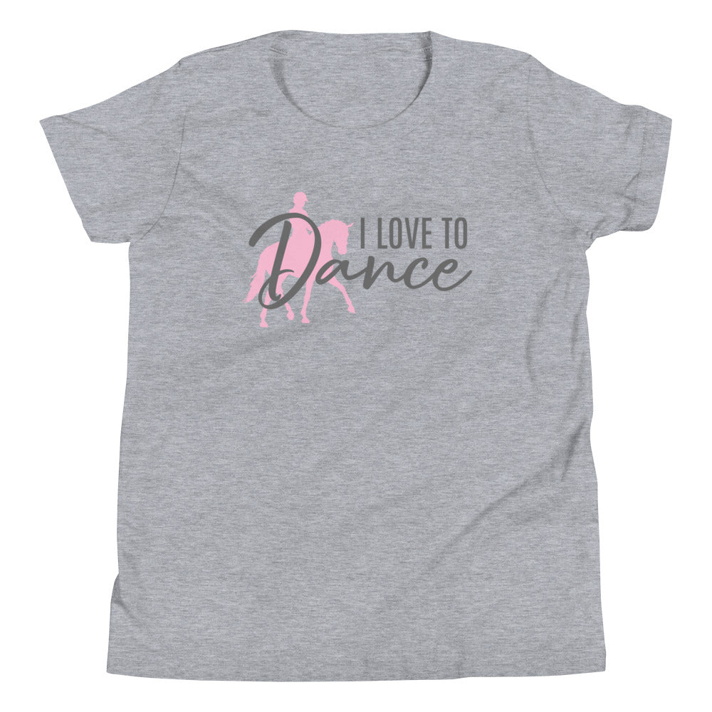 Youth T-Shirt "I LOVE TO DANCE" in Cotton Candy & Storm Grey on Classic White or Heather Grey
