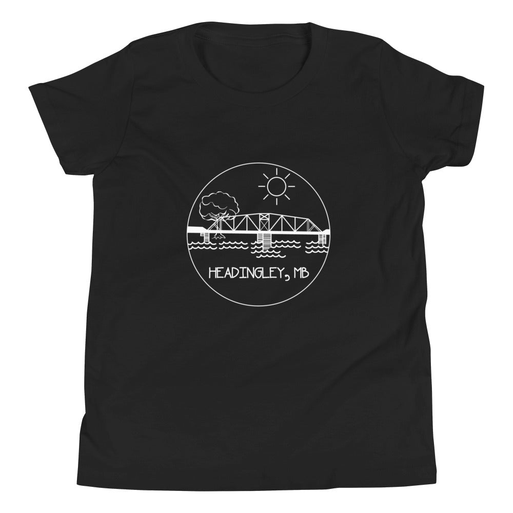 Youth T-Shirt "HEADINGLEY, MB" in Classic White on Basic Black, French Navy, Canadian Red, Racing Green or Storm Grey