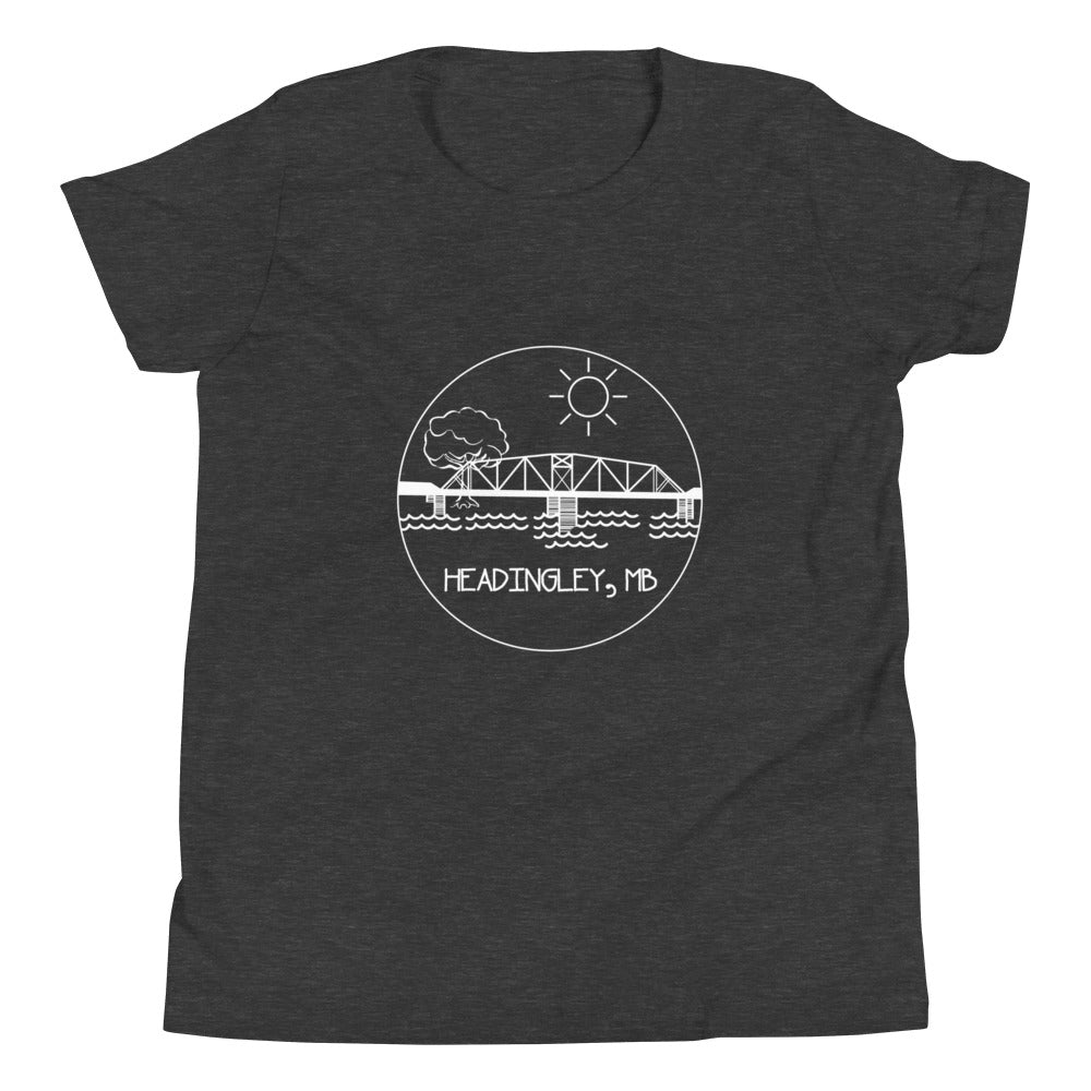 Youth T-Shirt "HEADINGLEY, MB" in Classic White on Basic Black, French Navy, Canadian Red, Racing Green or Storm Grey