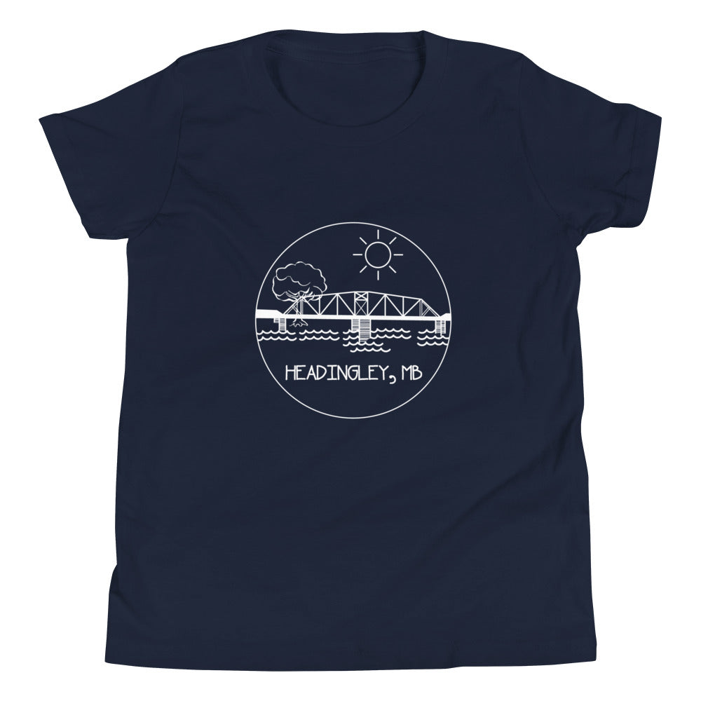 Youth T-Shirt "HEADINGLEY, MB" in Classic White on Basic Black, French Navy, Canadian Red, Racing Green or Storm Grey