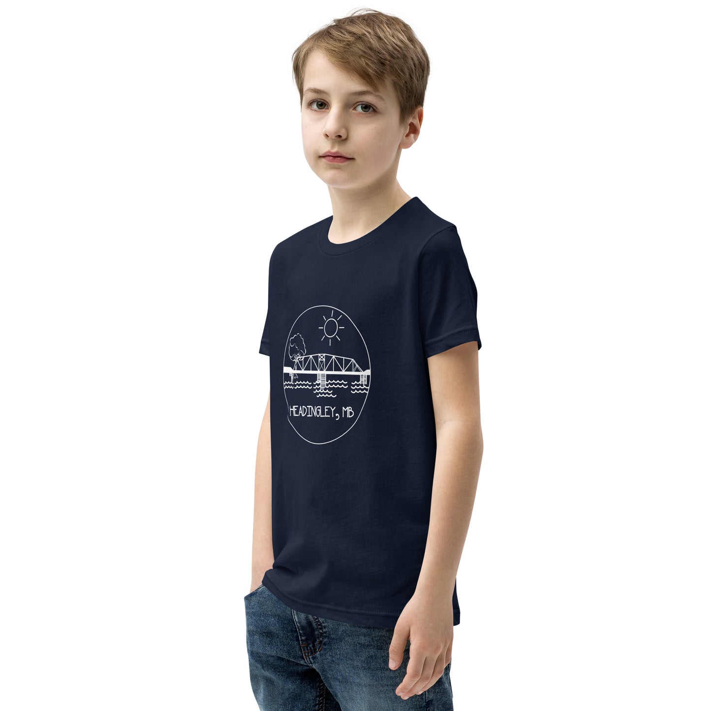 Youth T-Shirt "HEADINGLEY, MB" in Classic White on Basic Black, French Navy, Canadian Red, Racing Green or Storm Grey