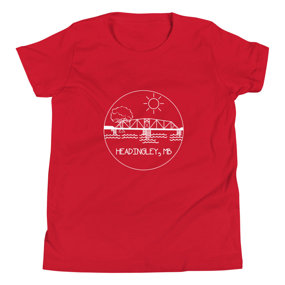 Youth T-Shirt "HEADINGLEY, MB" in Classic White on Basic Black, French Navy, Canadian Red, Racing Green or Storm Grey