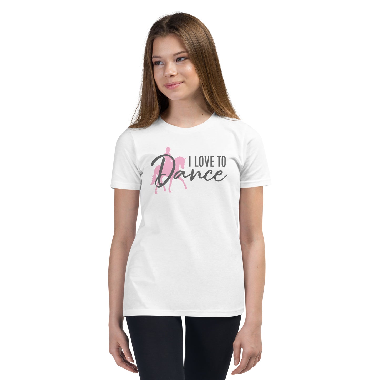 Youth T-Shirt "I LOVE TO DANCE" in Cotton Candy & Storm Grey on Classic White or Heather Grey