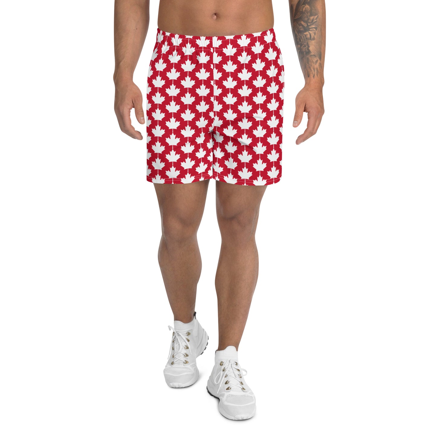 Men's Athletic Shorts Maple Leaf in Classic White on Canadian Red