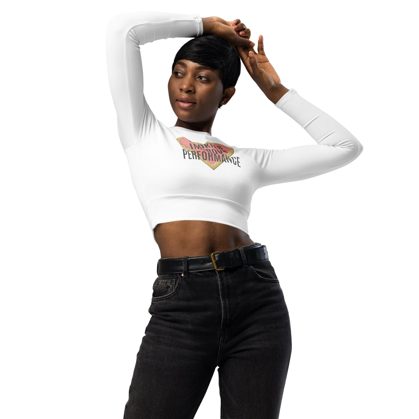 Women's Long-Sleeved Crop Top "COOKIES IMPROVE PERFORMANCE" in Storm Grey on Classic White