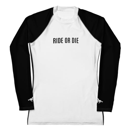 Women's Long-Sleeved Sun Shirt "RIDE OR DIE" in Classic White & Basic Black