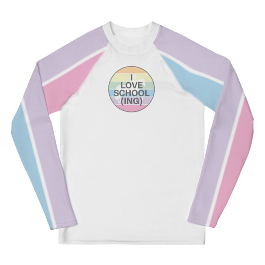 Youth Long-Sleeved Sun Shirt "I LOVE SCHOOLING" in Grape Taffy, Cotton Candy & Blue Bubblegum