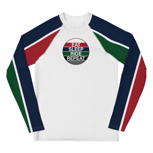 Youth Long-Sleeved Sun Shirt "EAT SLEEP RIDE REPEAT" in Classic White, Barn Red, French Navy & Racing Green