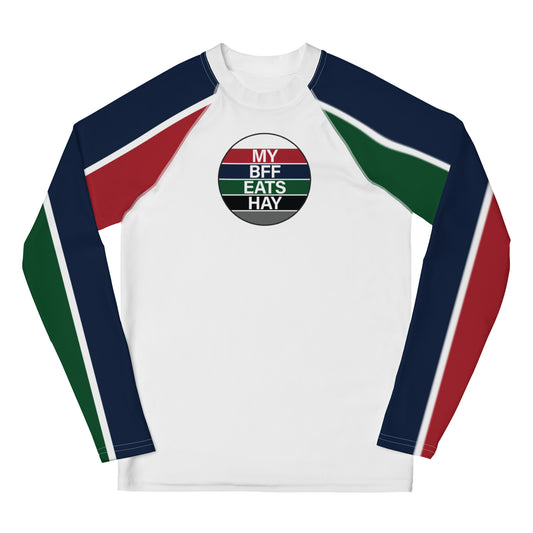 Youth Long-Sleeved Sun Shirt "MY BFF EATS HAY" in Classic White, Barn Red, French Navy & Racing Green