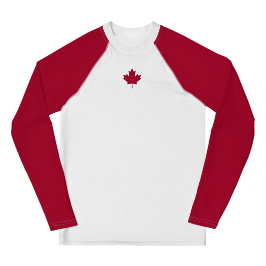 Youth Long-Sleeved Sun Shirt Maple Leaf in Classic White & Barn Red