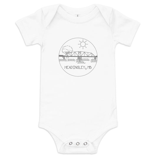 Infant Onesie "HEADINGLEY, MB" in Storm Grey on Classic White, Pink, or Blue